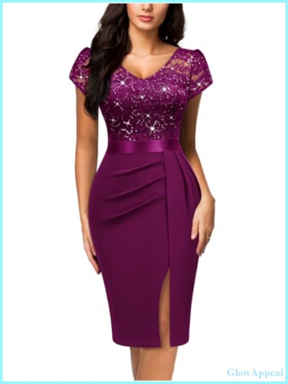 Classy V-Neck Glitter Sequin Lace Cocktail Dress with Cap Sleeves